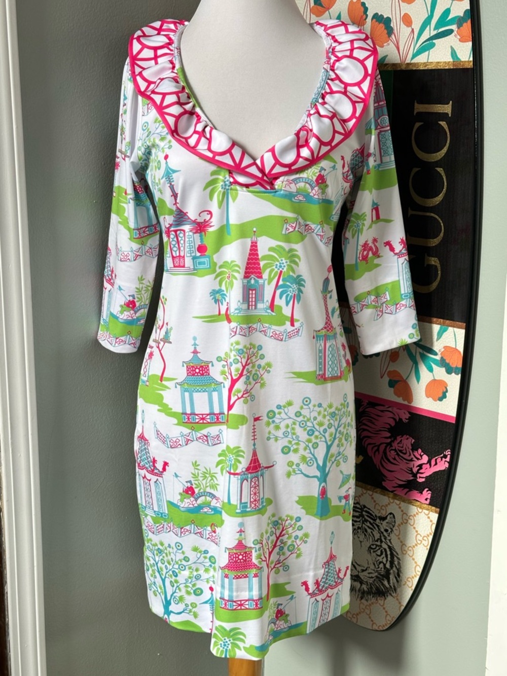 Gretchen Scott Ruffleneck Japanese Pagoda Paradise Print Dress Summer Sz XS